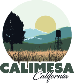 A field with a tree, water tower, hills, and sun; text reads “Calimesa California” below the scene.