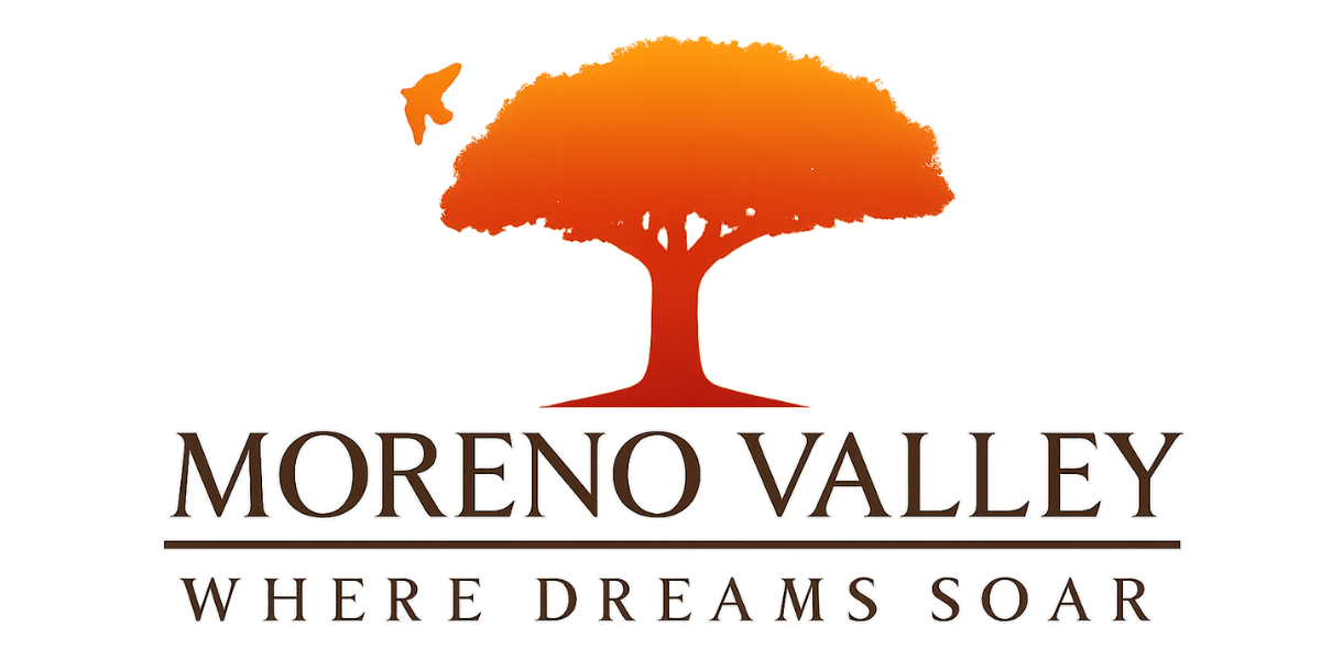 Orange tree silhouette with a bird, text reads: "Moreno Valley. Where Dreams Soar.