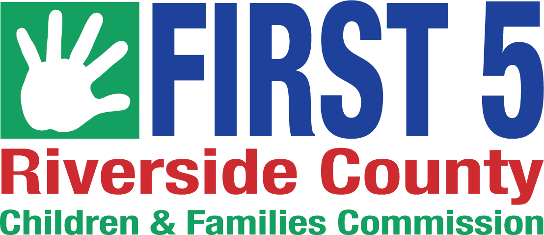 Logo with a white handprint and the text: "First 5 Riverside County Children & Families Commission.