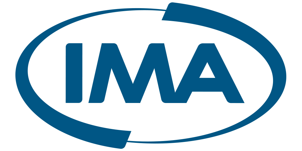Blue "IMA" letters inside an oval outline with curved, thick blue lines on the top right and bottom left.