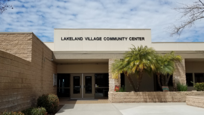 Front view of the Lakeland Village Community Center, a one-story community center in Lake Elsinore , California