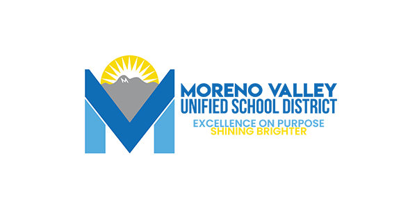 Logo for Moreno Valley Unified School District with a sun, mountain, and slogan “Excellence on Purpose Shining Brighter.”.