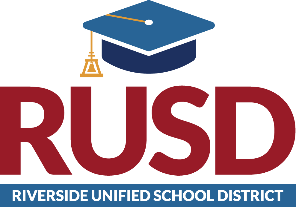 RUSD logo with a blue graduation cap and the text "Riverside Unified School District" below in blue and white.