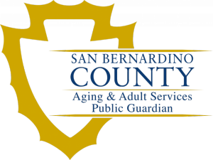 San Bernardino County Aging & Adult Services Public Guardian logo with a gold shield design.