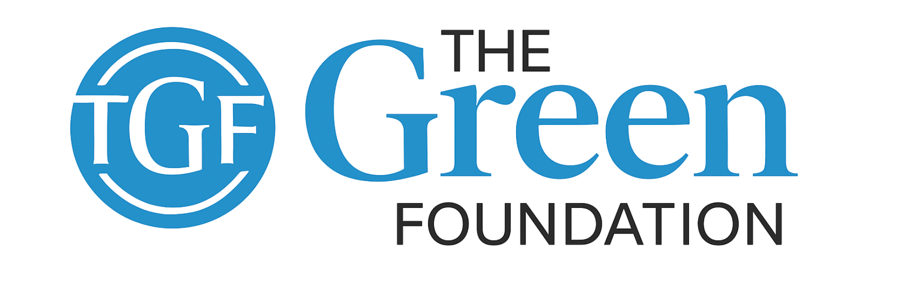 Logo for The Green Foundation with "TGF" in a blue circle and text in blue and black beside it.