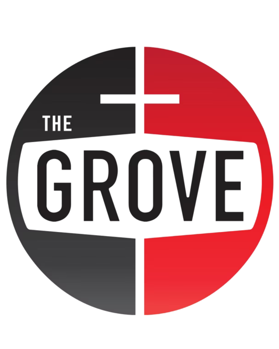 Circular logo split black and red, with the words "THE GROVE" in bold black letters in the center.