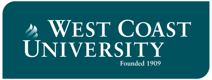 West Coast University logo with flame icon and text "Founded 1909" on a teal background.