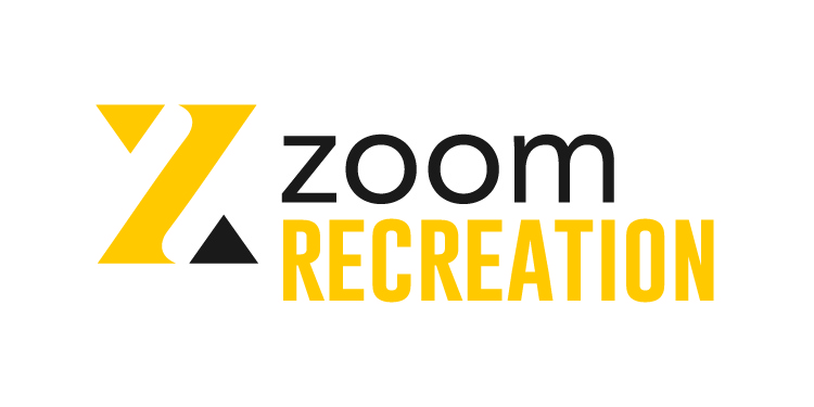 Logo for Zoom Recreation with a bold yellow "Z," a black triangle, and the words "zoom RECREATION" in black and yellow.